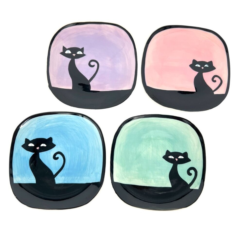 Hues N Brews Black Cat Small Plate Saucer Dish Set of 4 Pink Blue Purple Green